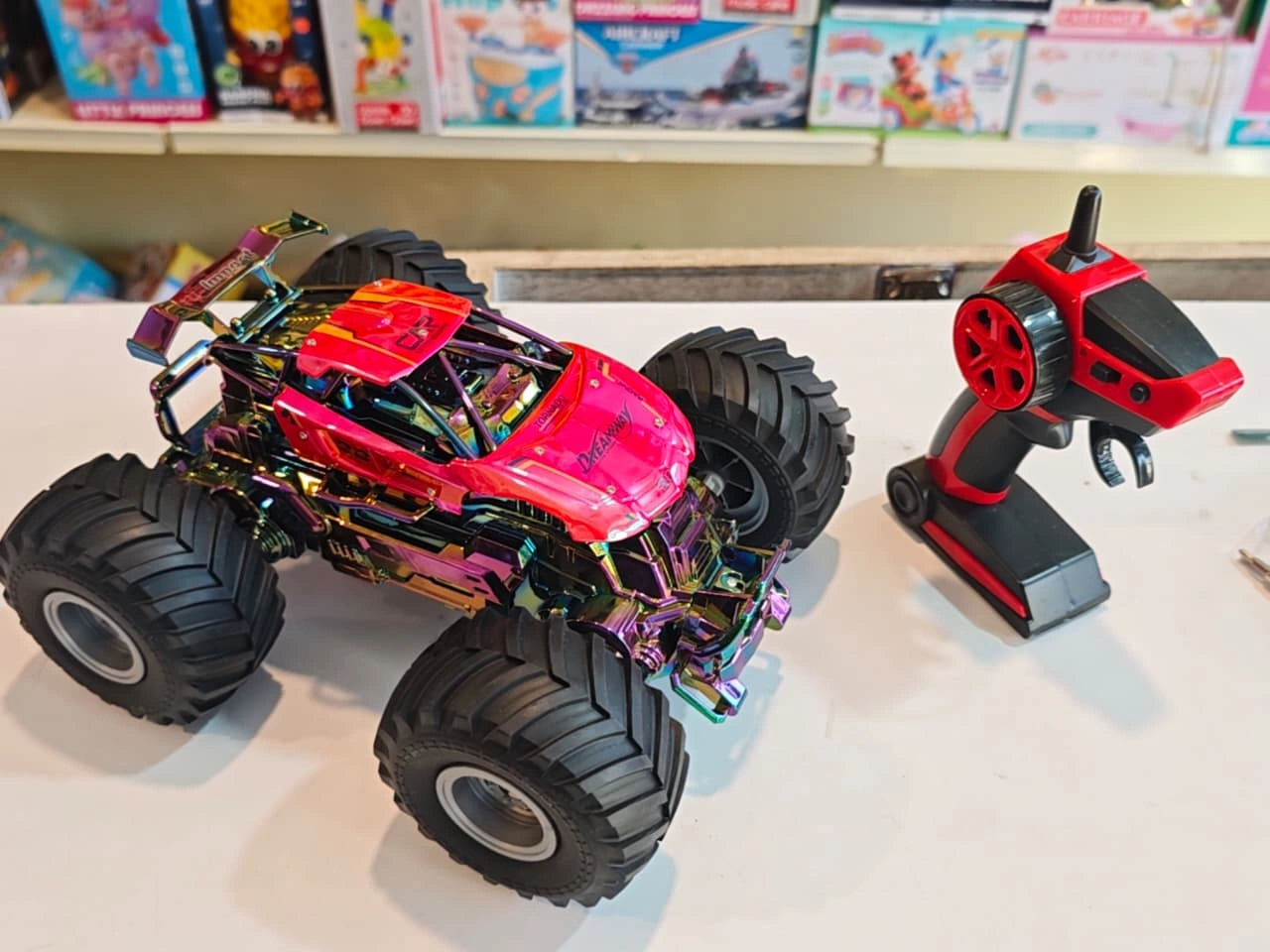 Power Drive RC Monster Truck with oversized off-road tyres, spray mist effect, LED lights and wireless remote controller available at Toy Trendz by JJR Mart Thoothukudi.