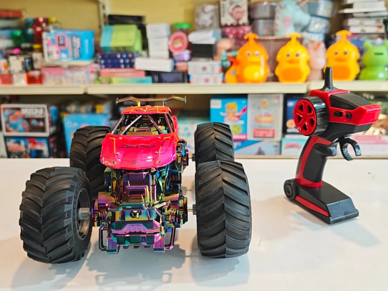 Power Drive RC Monster Truck with oversized off-road tyres, spray mist effect, LED lights and wireless remote controller available at Toy Trendz by JJR Mart Thoothukudi.