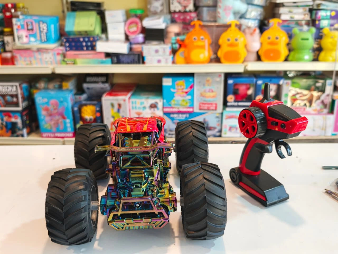 Power Drive RC Monster Truck with oversized off-road tyres, spray mist effect, LED lights and wireless remote controller available at Toy Trendz by JJR Mart Thoothukudi.