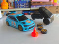 ToyBoi RC Rally Spray Drift Car 4WD with LED lights, drift wheels, spray effect, 2.4GHz controller and traffic cone accessories.