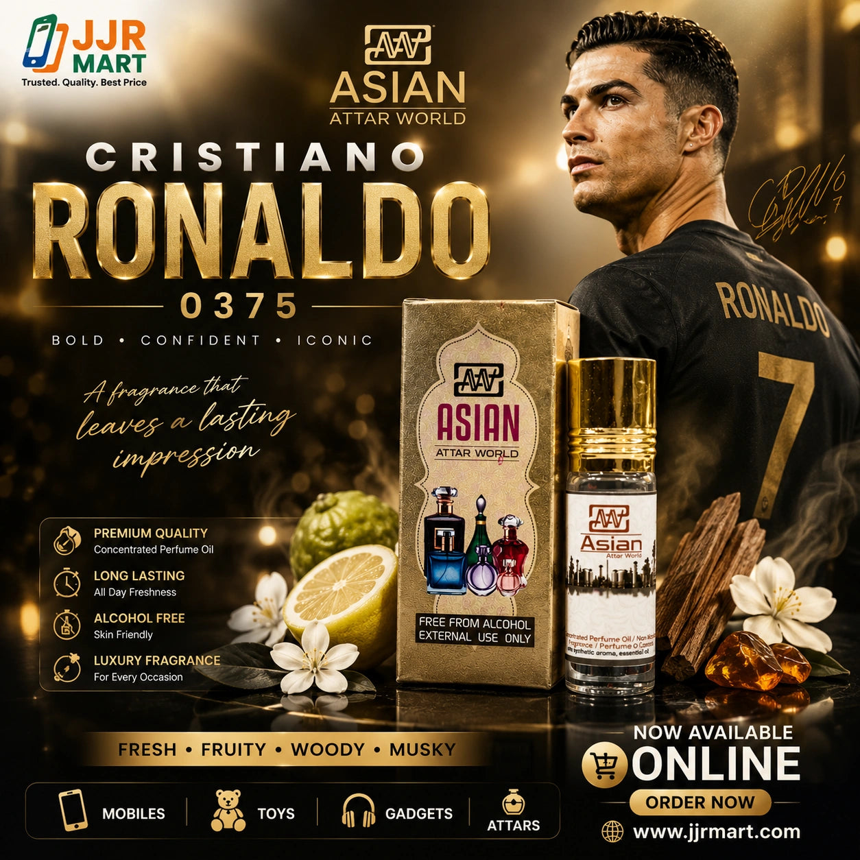 Cristiano Ronaldo 0375 Premium Attar Perfume Oil 6ml | Asian Attar World | Alcohol-Free Long Lasting Fragrance