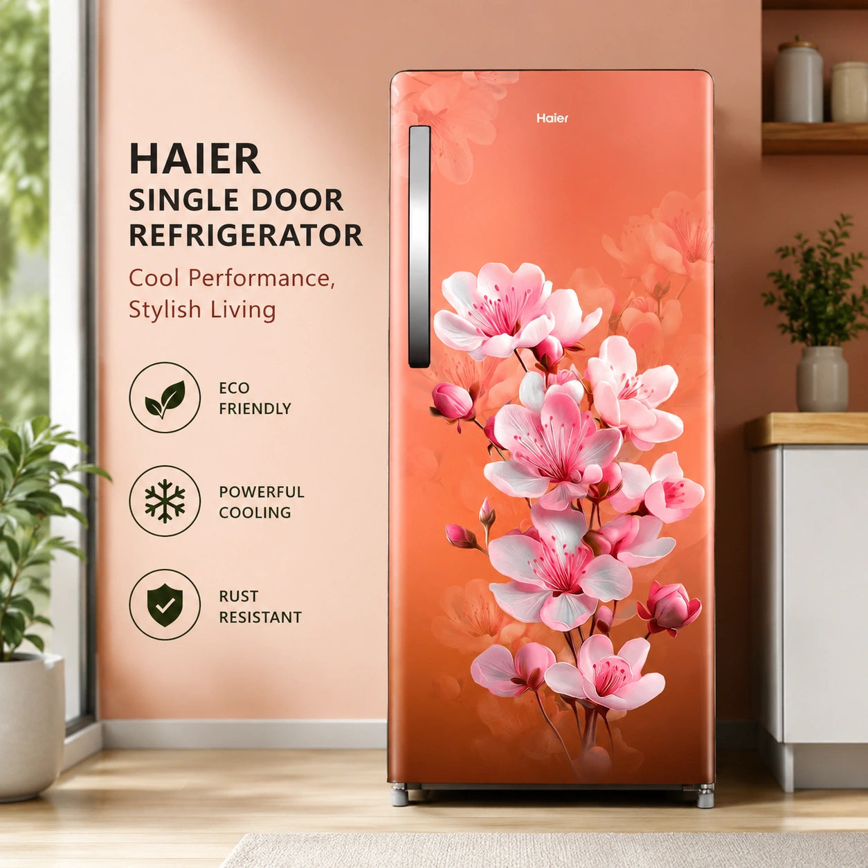 Haier HRD-2112CSSA-N 190L Direct Cool Single Door Refrigerator in Saffron Sienna with floral finish, 1-Hour Icing Technology, Stabilizer-Free Operation and Toughened Glass Shelves.
