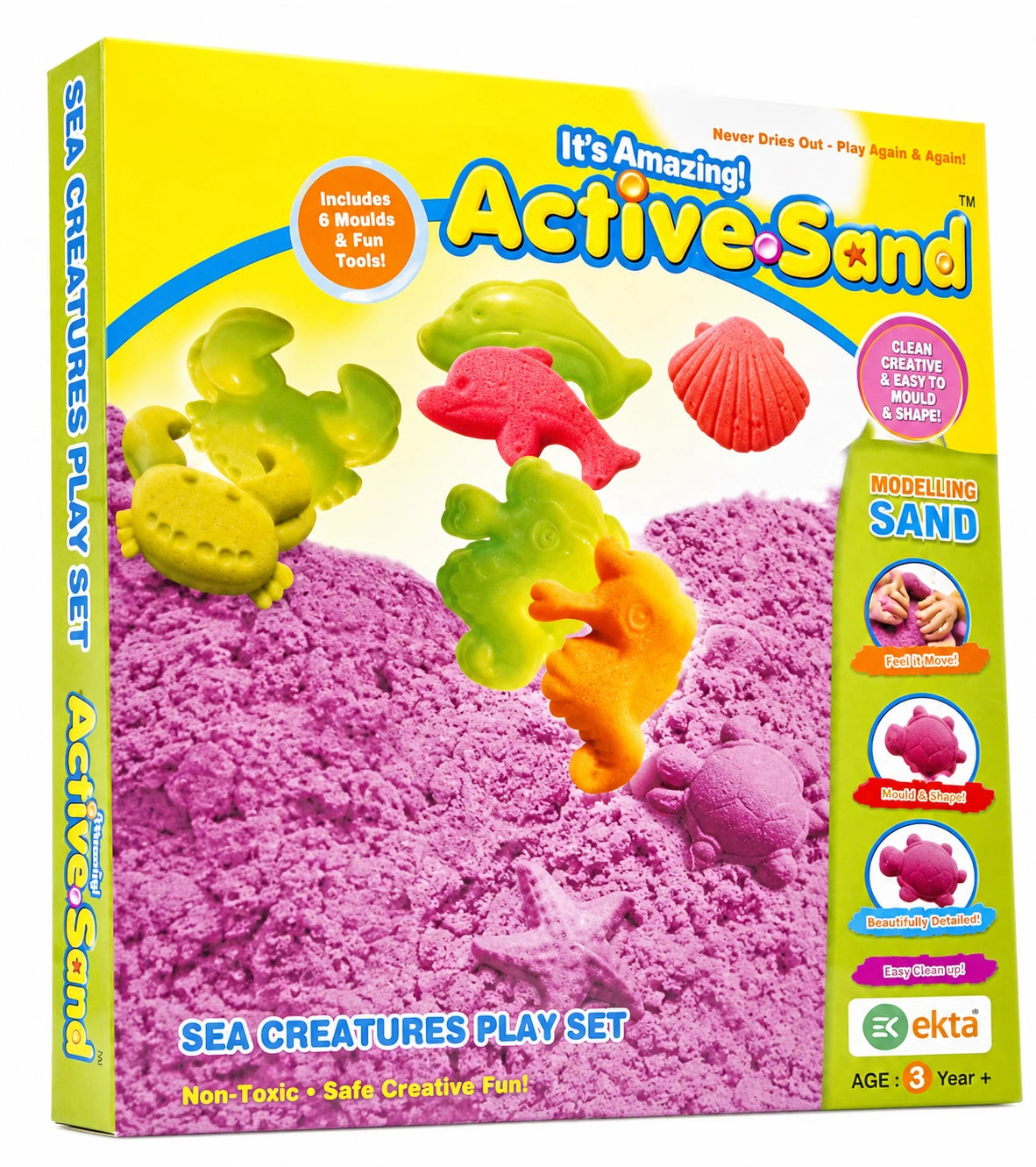 Active Sand Sea Creatures Play Set with colorful molding sand and sea animal molds for kids age 3+, available at Toy Trendz by JJR Mart Thoothukudi.